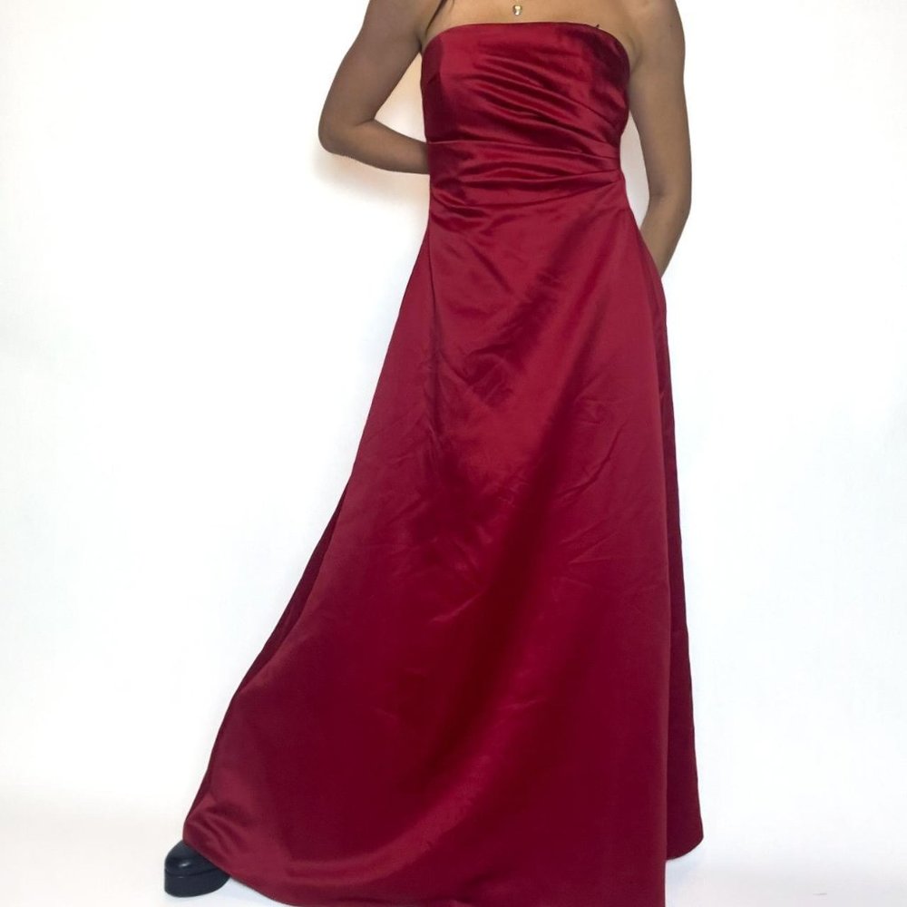 vintage michaelangelo cherry red satin ruched strapless formal maxi dress